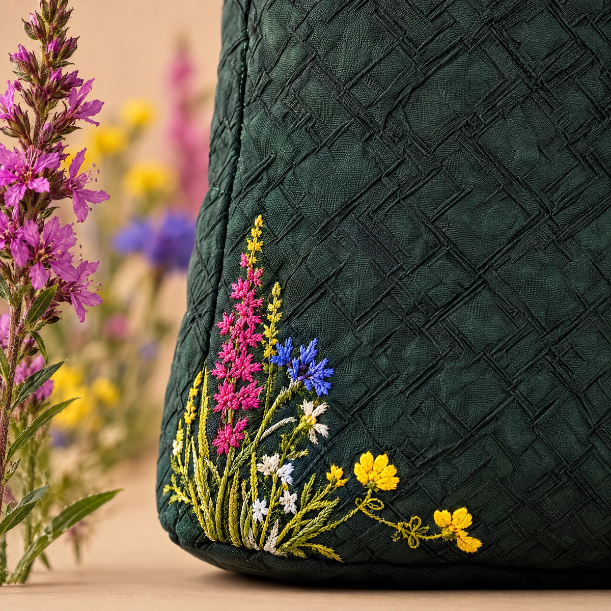 Robinga Rolltop Auflage 2, Nahaufnahme der gestickten Wildblumen
