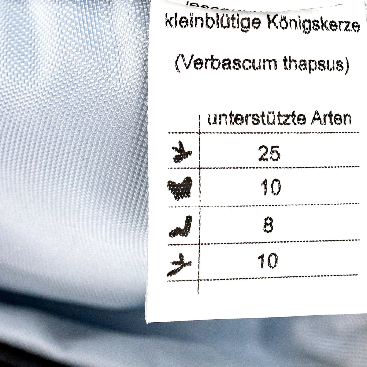 Robinga Rolltop Auflage 2, Innenetikett mit Pflanzenname und unterstützten Arten